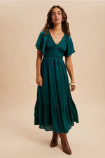 Emerald Smocked Satin Midi Dress