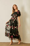 Floral Tulle Midi Dress in Black