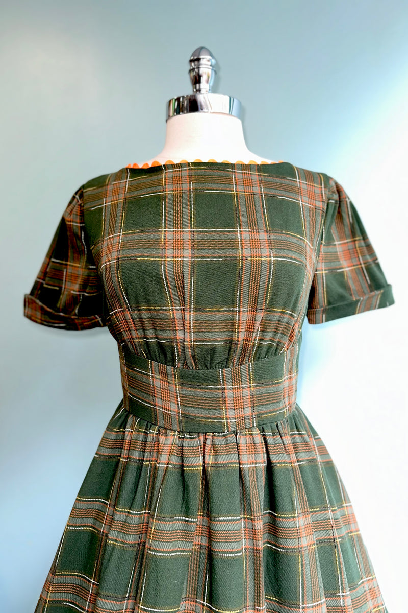 Green and Rust Plaid Short Sleeve Dress