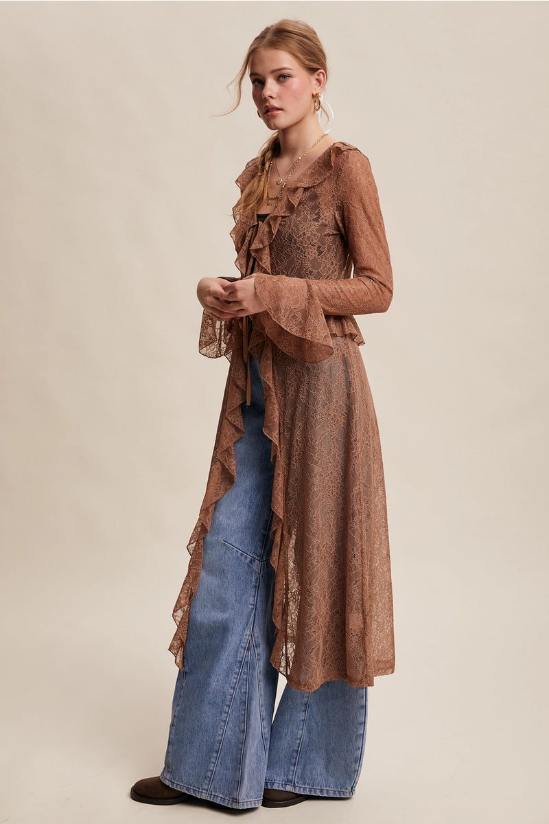 duster dress Ruffled Tie Front Lace Duster Dress in Mocha – Modern Millie