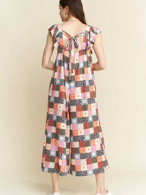 Patchwork Flutter Sleeve Cropped Jumpsuit