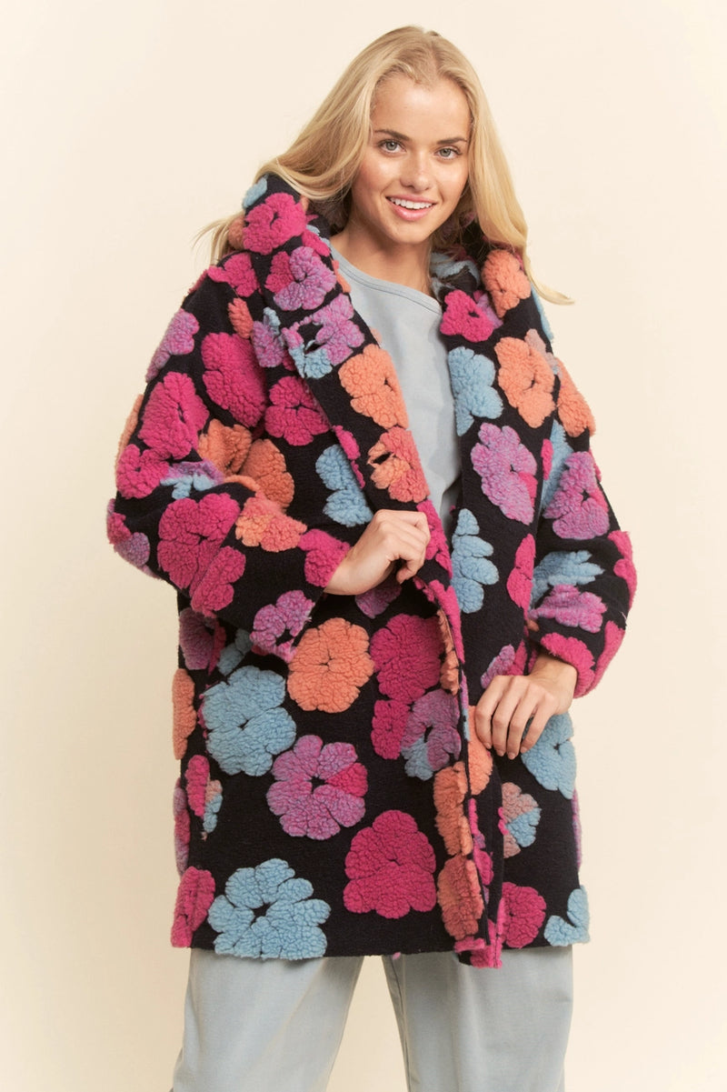 Navy Hoodie Jacket with Fluffy Flowers