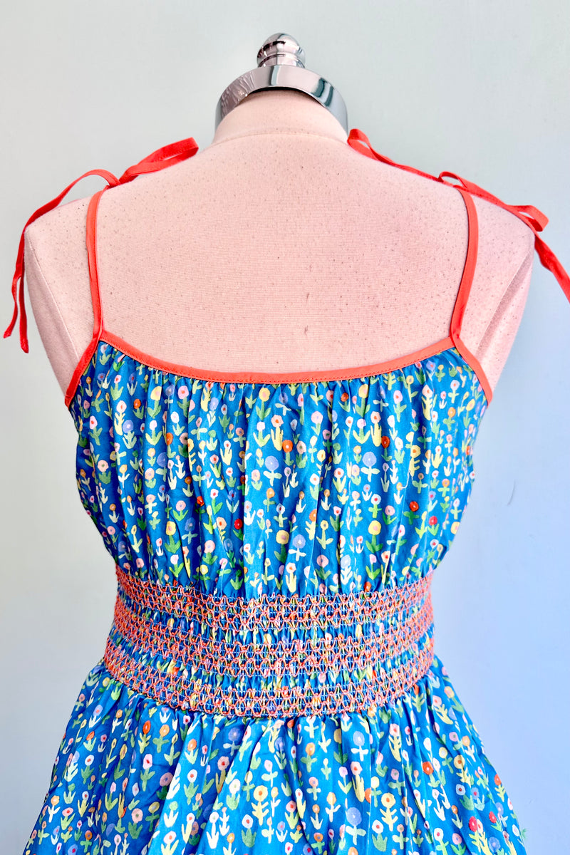 Turquoise Floral Smocked Waist Swing Dress