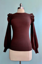Chocolate Shoulder Ruffle Crewneck Sweater