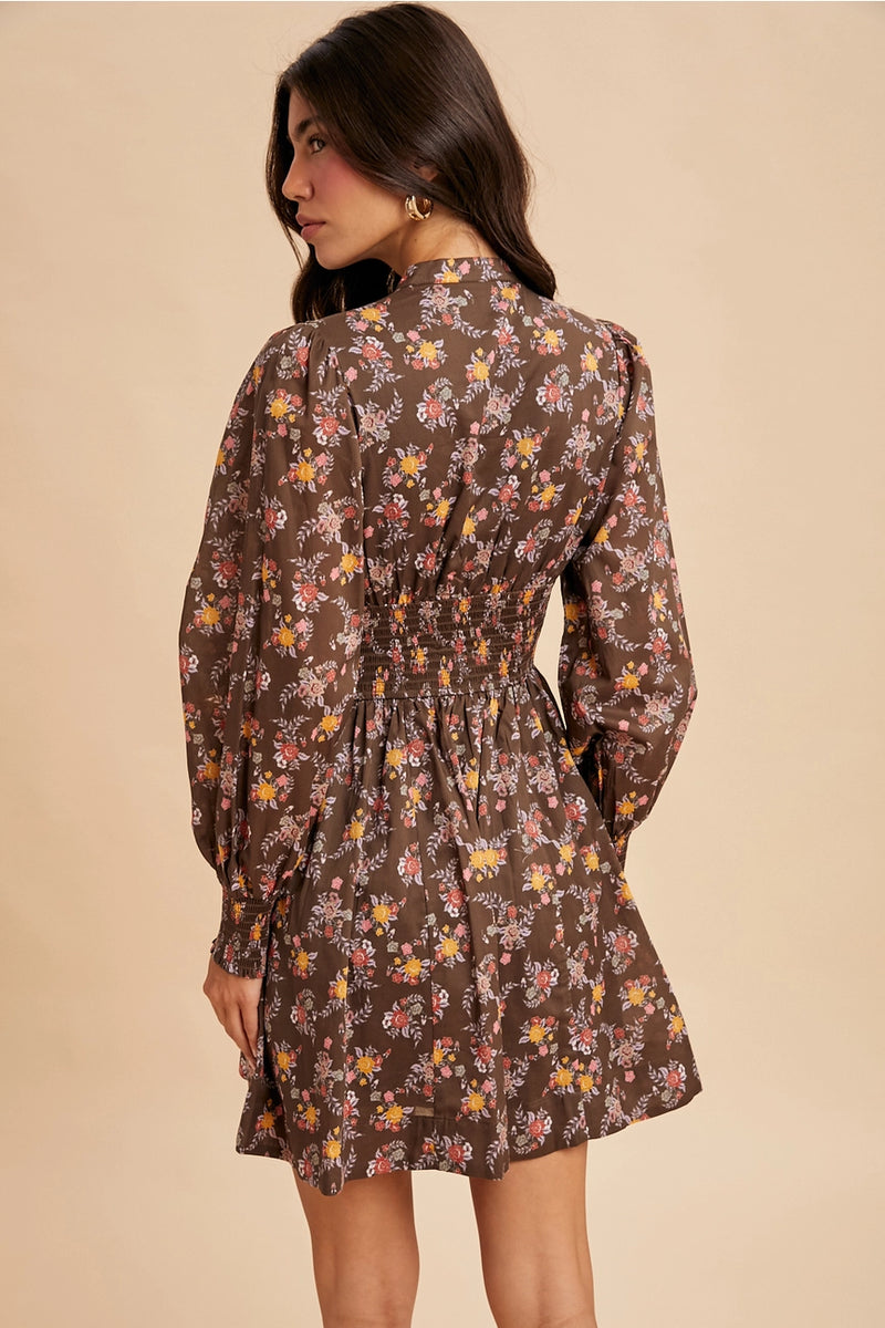 Zip Front Floral Mini Dress in Mocha