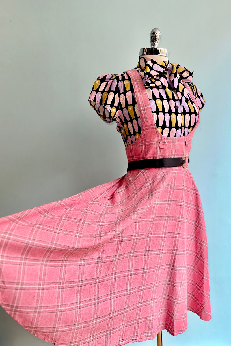 Pink Plaid High Waisted Pinafore Skirt by Voodoo Vixen