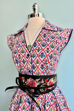 Blue Garden Floral Diamond Print Shirt Dress