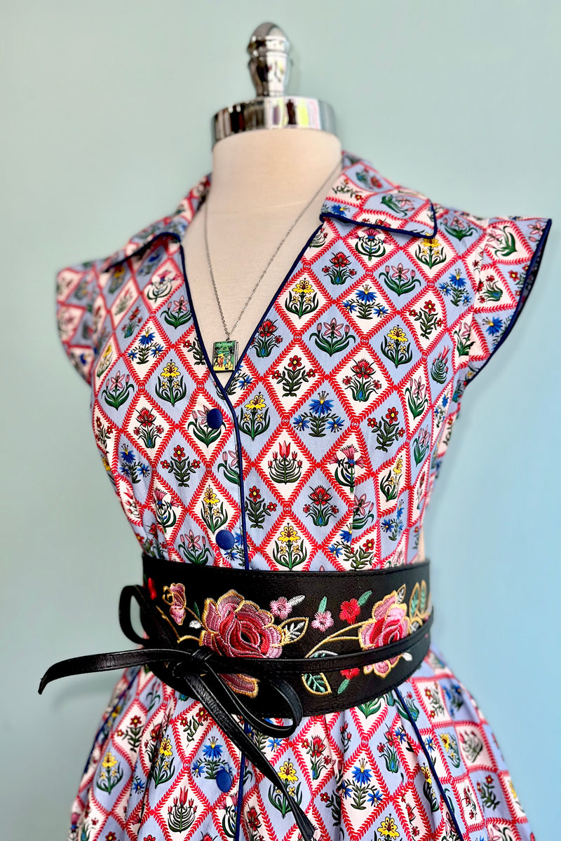 Blue Garden Floral Diamond Print Shirt Dress