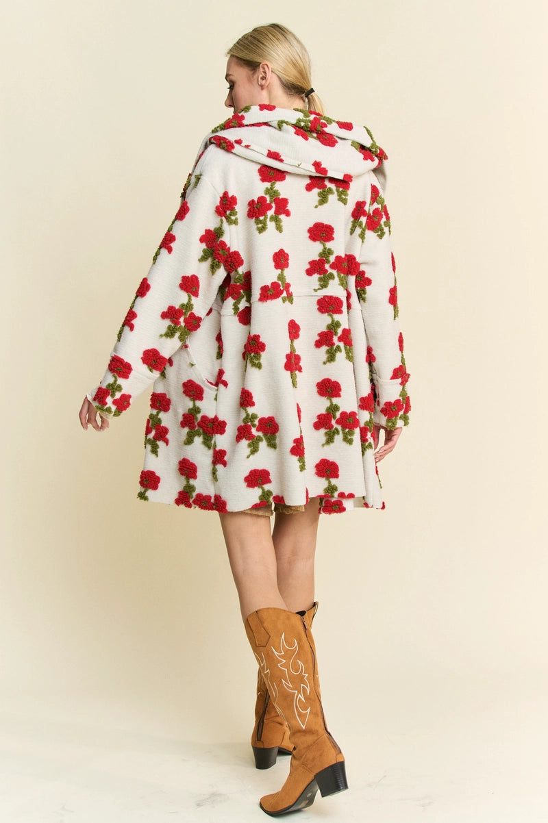 Ivory Hoodie Jacket with Red Flowers