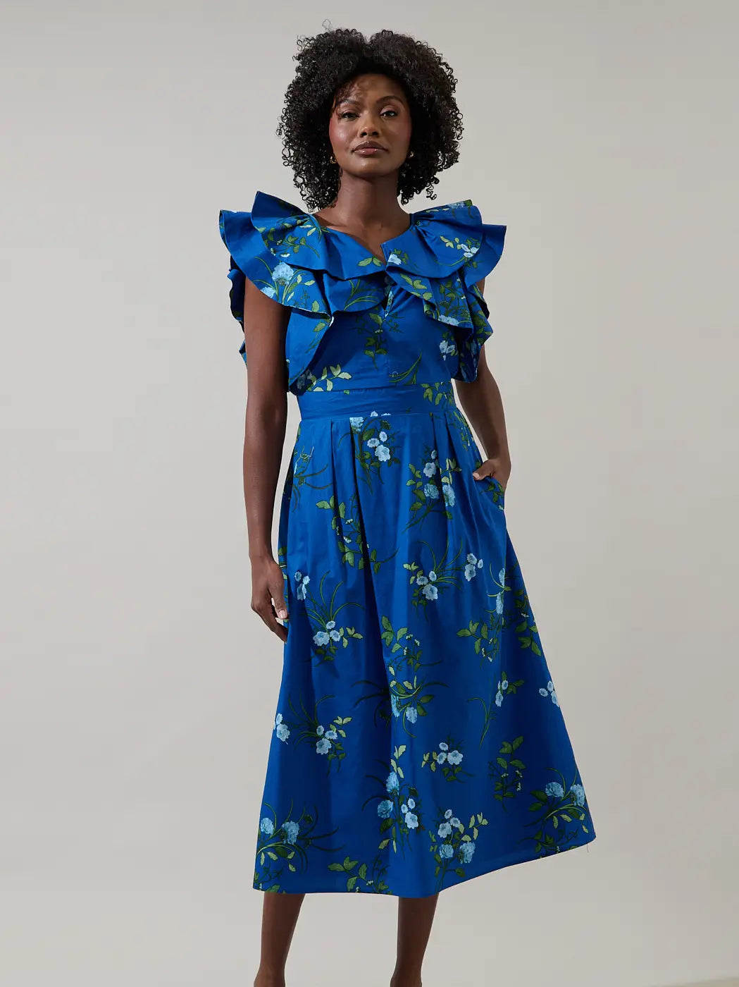 Sendra Floral Santana Tie Back Midi Dress Curve NAVY-BLUE-GRN / 1X