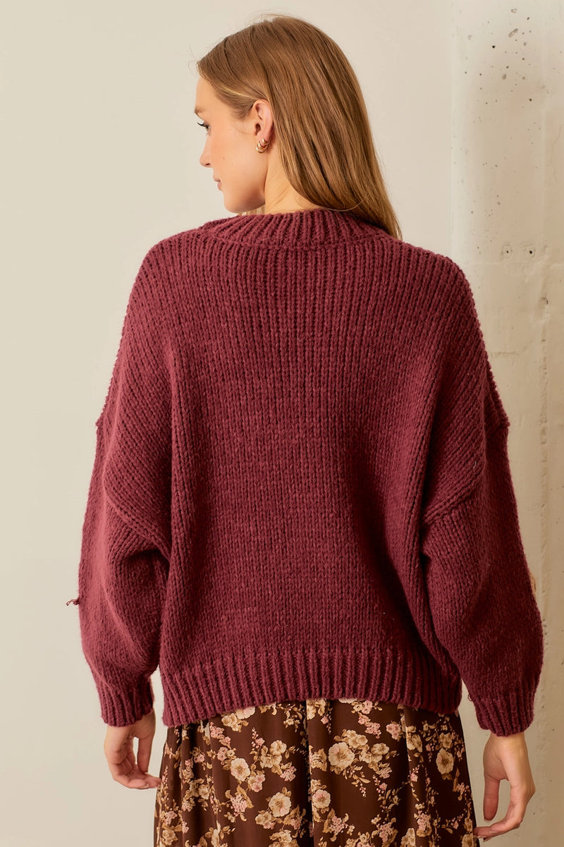 Burgundy Pullover Sweater with Large Flowers Modern Millie