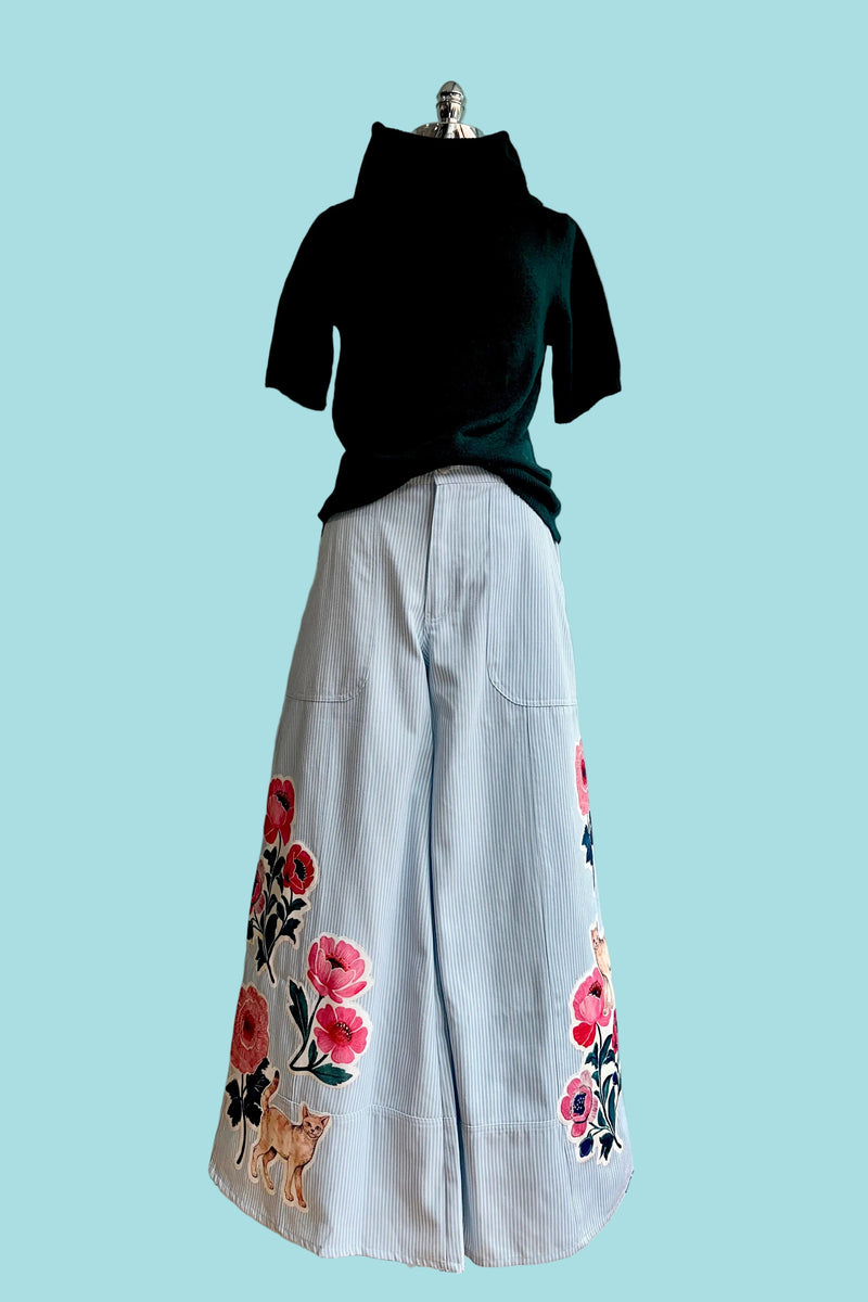 Floral and Cat Applique Blue Pinstripe Pants – Modern Millie