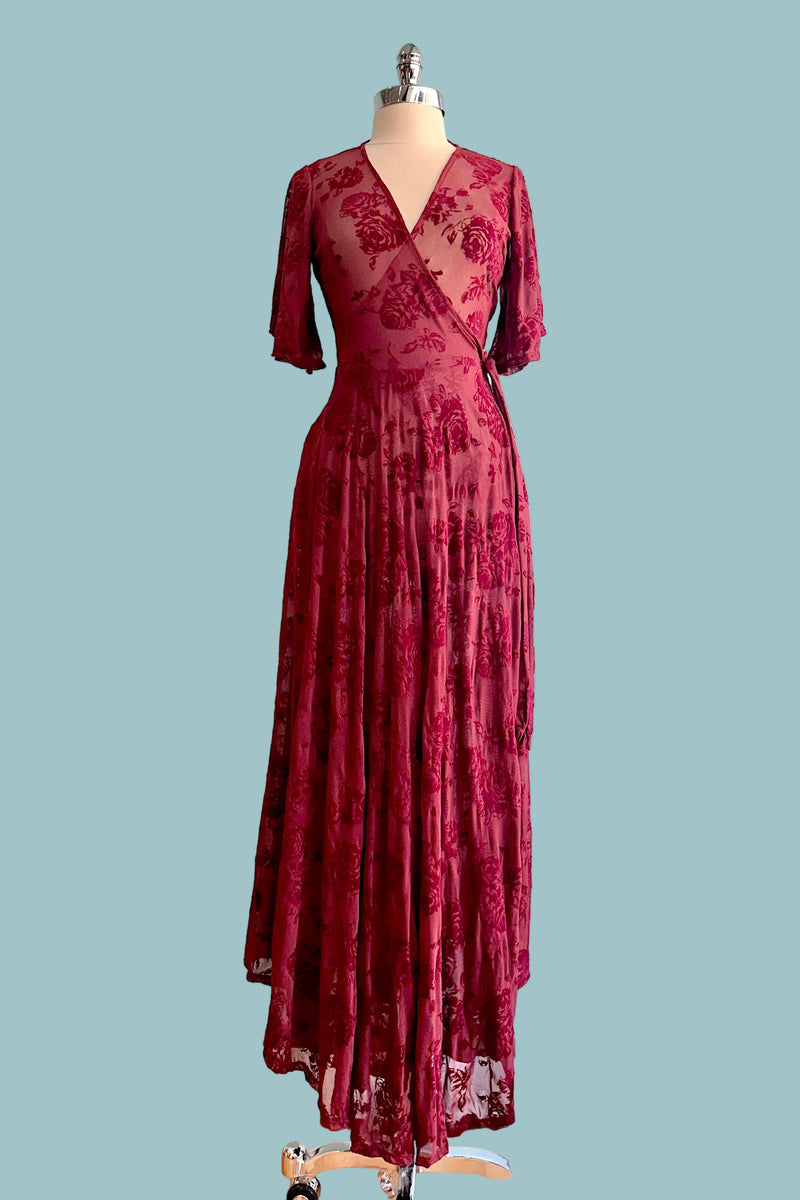 Lydia Wrap Dress in Burgundy Flocked Rose Mesh by Wax Poetic 3X-Large Lydia Wrap Dress in Burgundy Flocked Rose Mesh by Wax Poetic 3X-Large