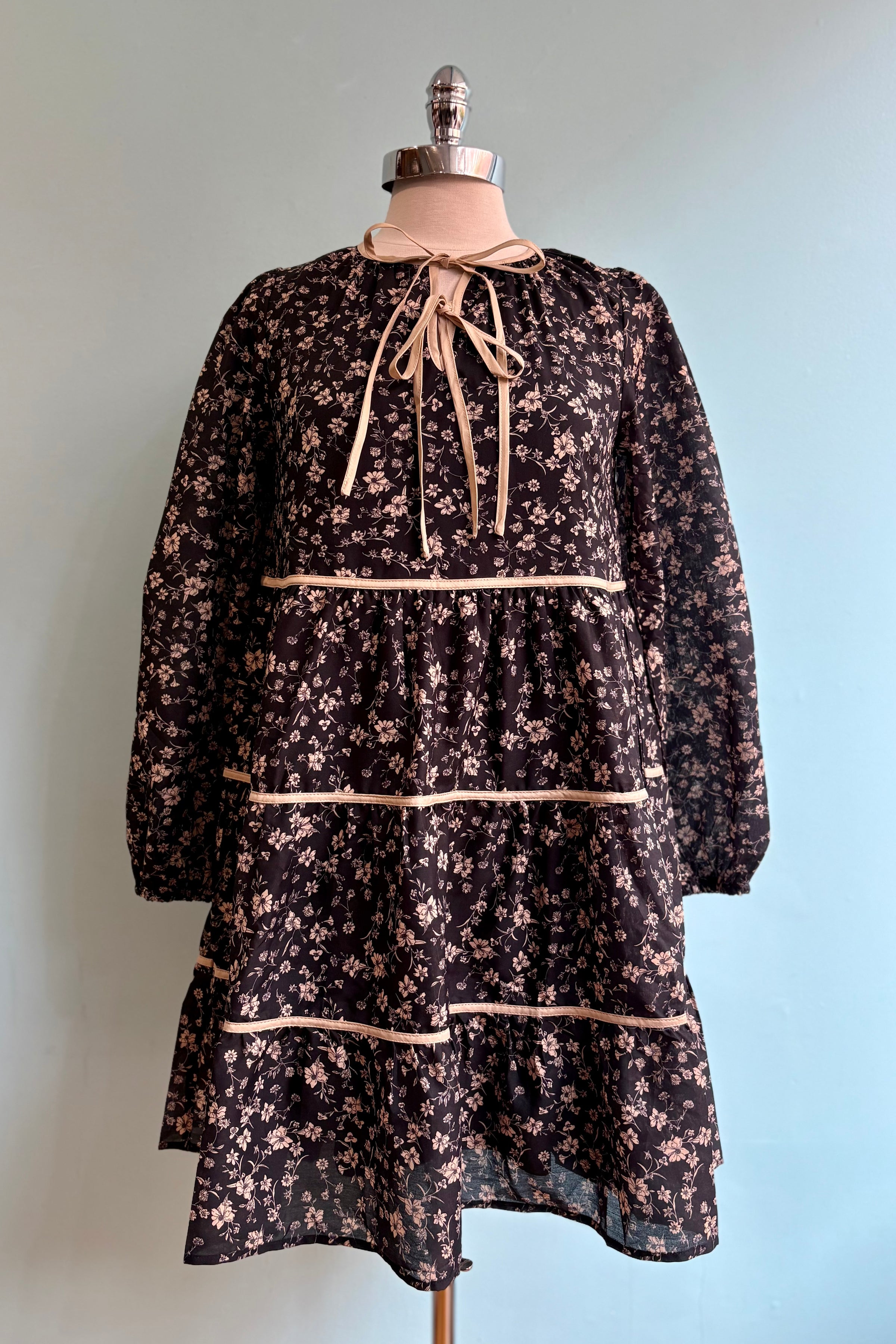 floral long sleeve mini dress Black Floral Long Sleeve Mini Dress X-Large