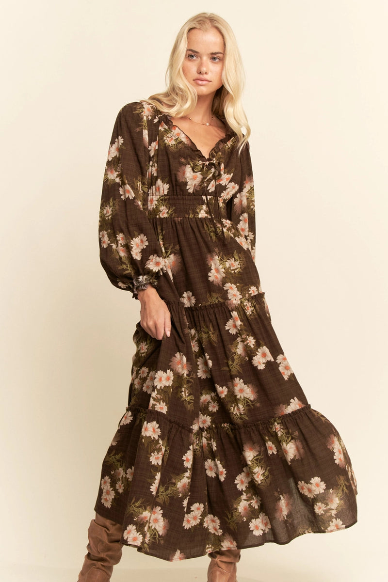 Brown Floral Long Sleeve Midi Dress Small