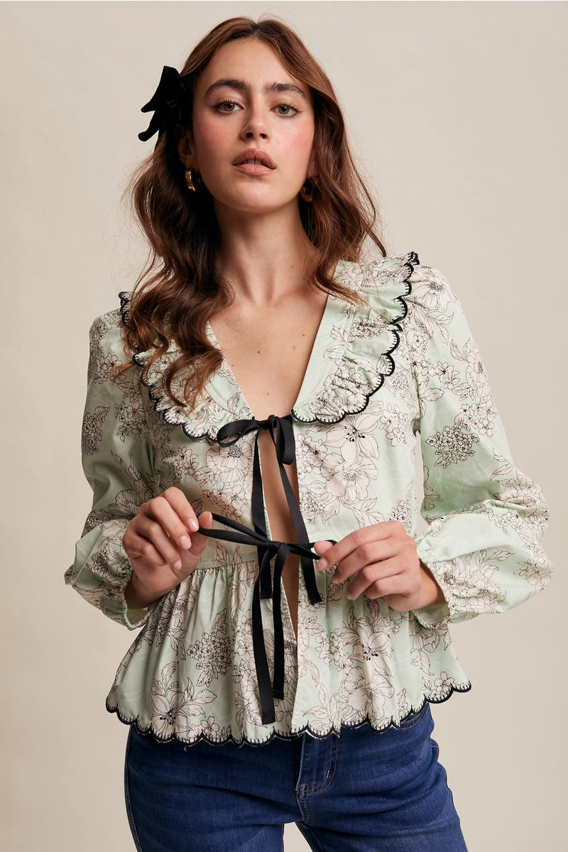 Mint Scalloped Tie Front Ruffle Blouse