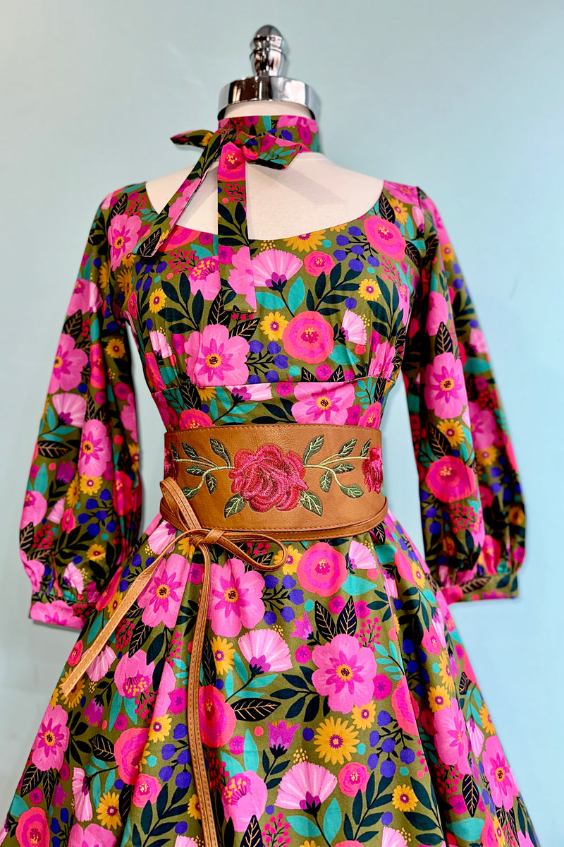 Olive Green Bold Floral Jeanette Dress by Heart of Haute Large
