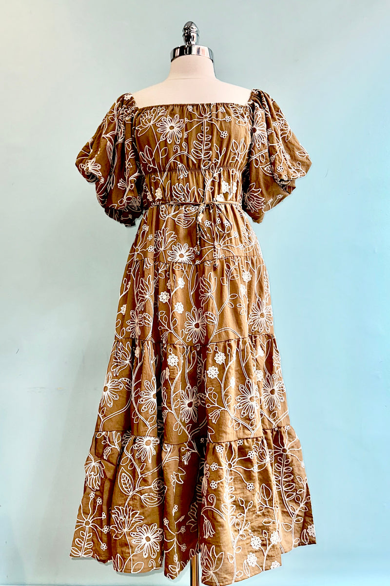 Light Brown Embroidered Puff Sleeve Midi Dress Modern Millie Light Brown Embroidered Puff Sleeve Midi Dress Modern Millie