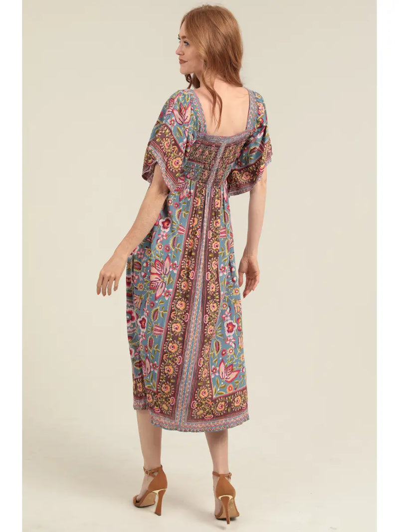Ruffle Sleeve Boho Smocked Midi Dress