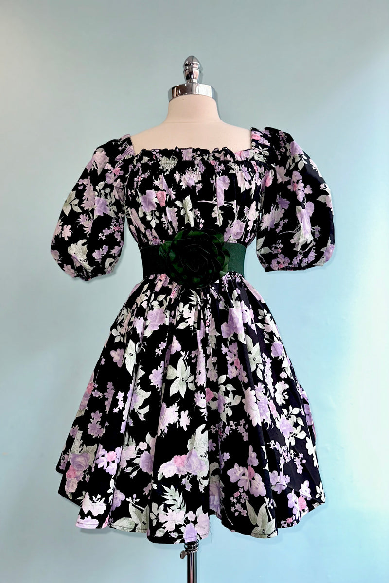 Black & Lavender Floral Bubble Sleeve Mini Dress