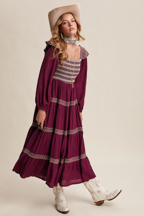 Burgundy Western Inspired Maxi Dress Large