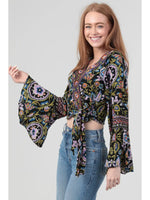 Wrap Top in Black and Lavender with Bell Sleeves by Angie