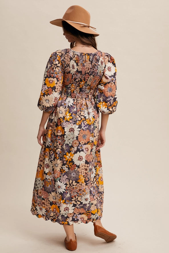 Charcoal Fall Floral Smocked Maxi Dress Small