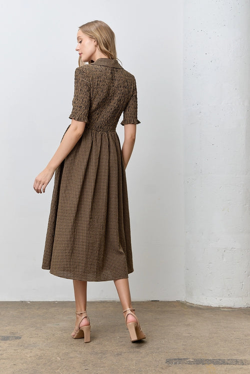 Navy and Brown Gingham Midi Dress