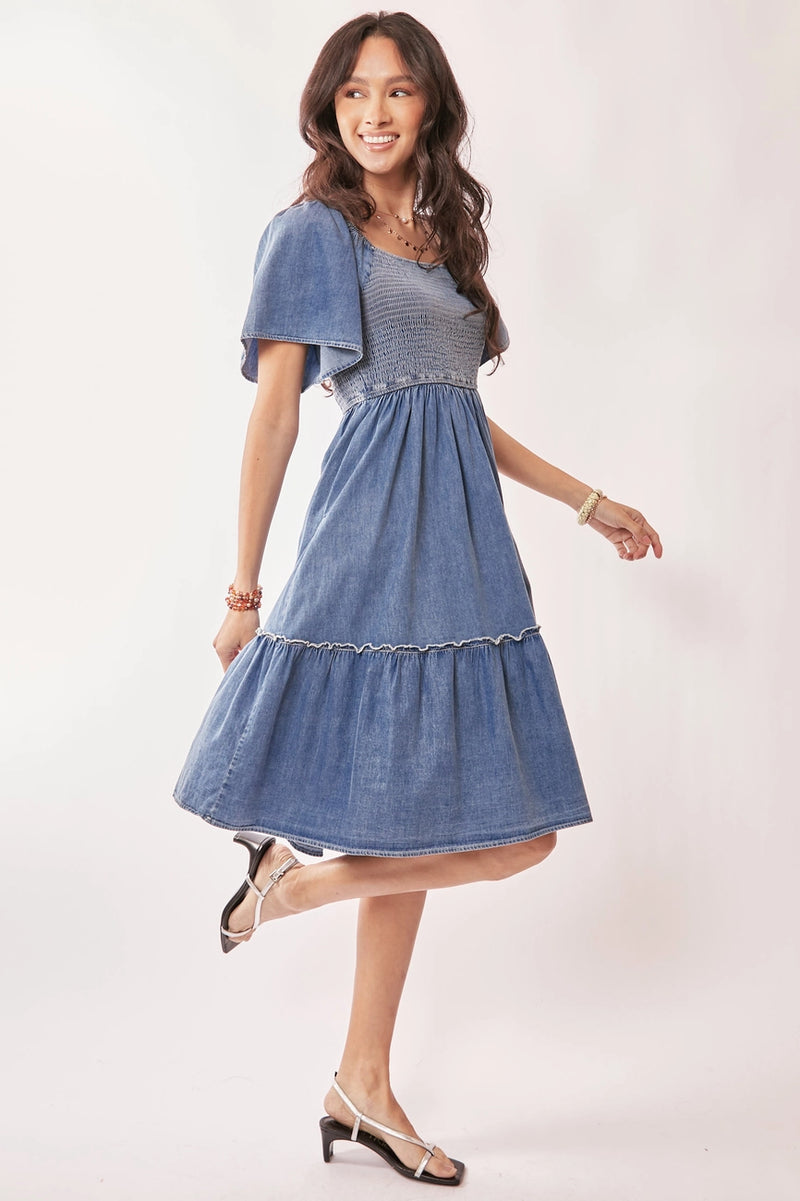 Denim Ruffle Sleeve Smocked Dress