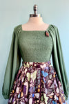 Green Square Neck Puff Sleeve Top