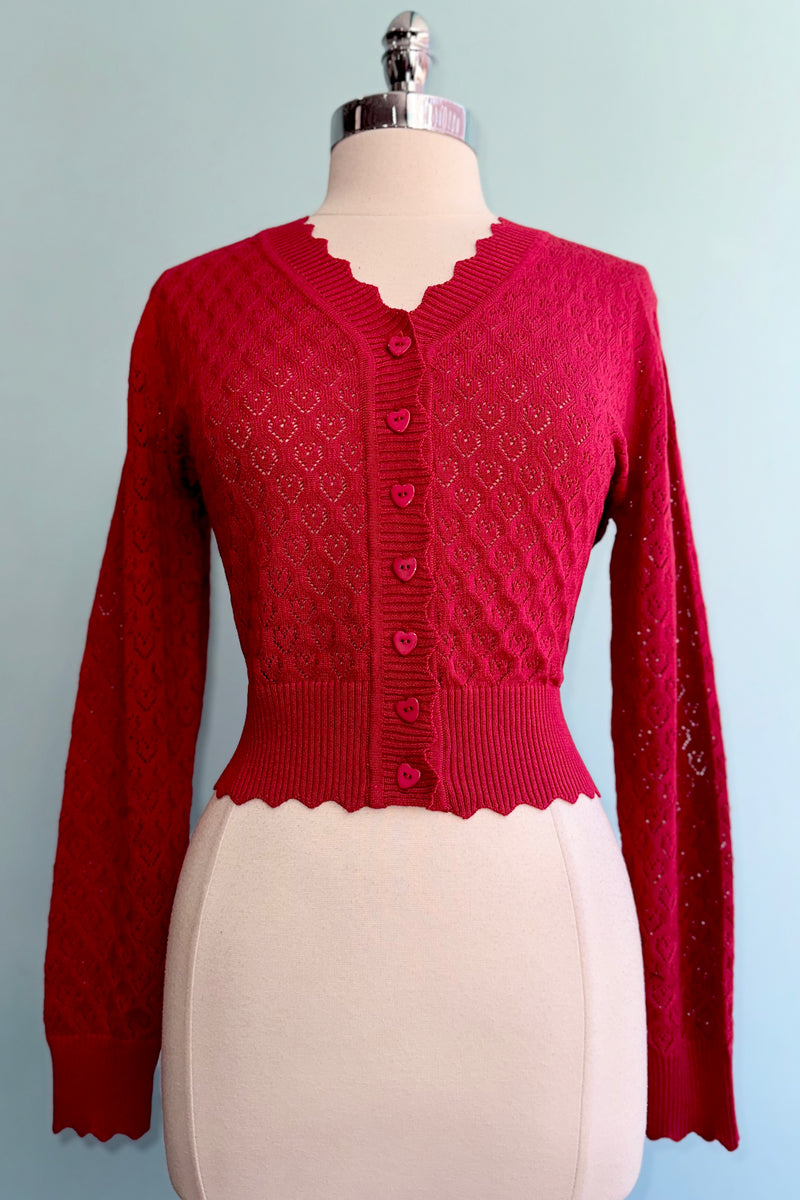 Red Heart Scalloped Edge Cardigan Sweater by Voodoo Vixen Modern