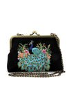 Peacock Embroidered Kisslock Bag in Black