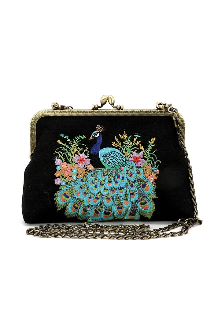Peacock Embroidered Kisslock Bag in Black