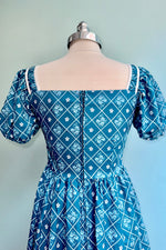 French Country Puff Sleeve Dress in Blue