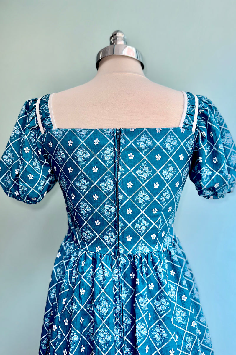 French Country Puff Sleeve Dress in Blue