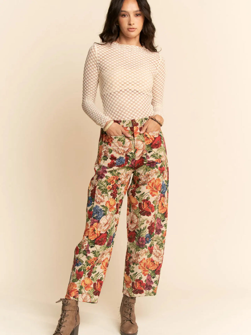 Floral Tapestry Barrel Leg Cropped Pants