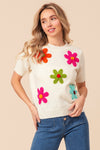 Ivory Short Sleeve Sweater with Embroidered Flowers