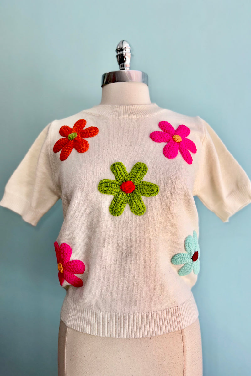 Ivory Short Sleeve Sweater with Embroidered Flowers