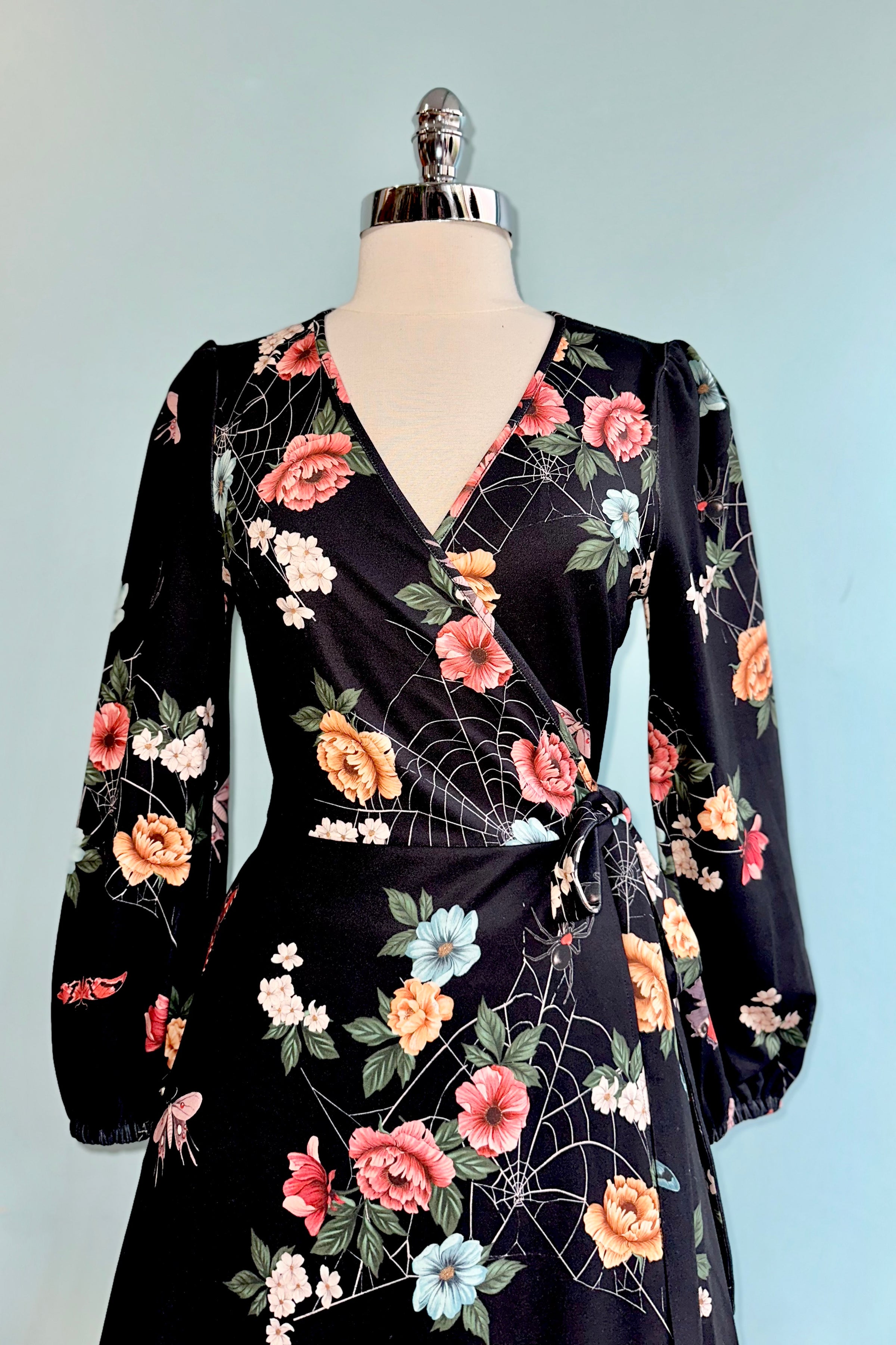 Floral Moth and Web Midi Wrap Dress by Voodoo Vixen Small Floral Moth and Web Midi Wrap Dress by Voodoo Vixen Small