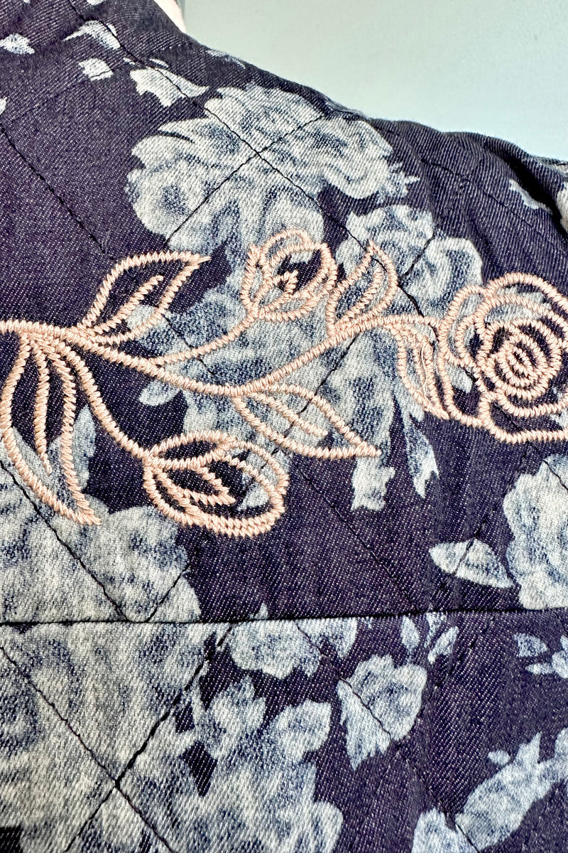 Floral Denim Quilted Tie Front Vest