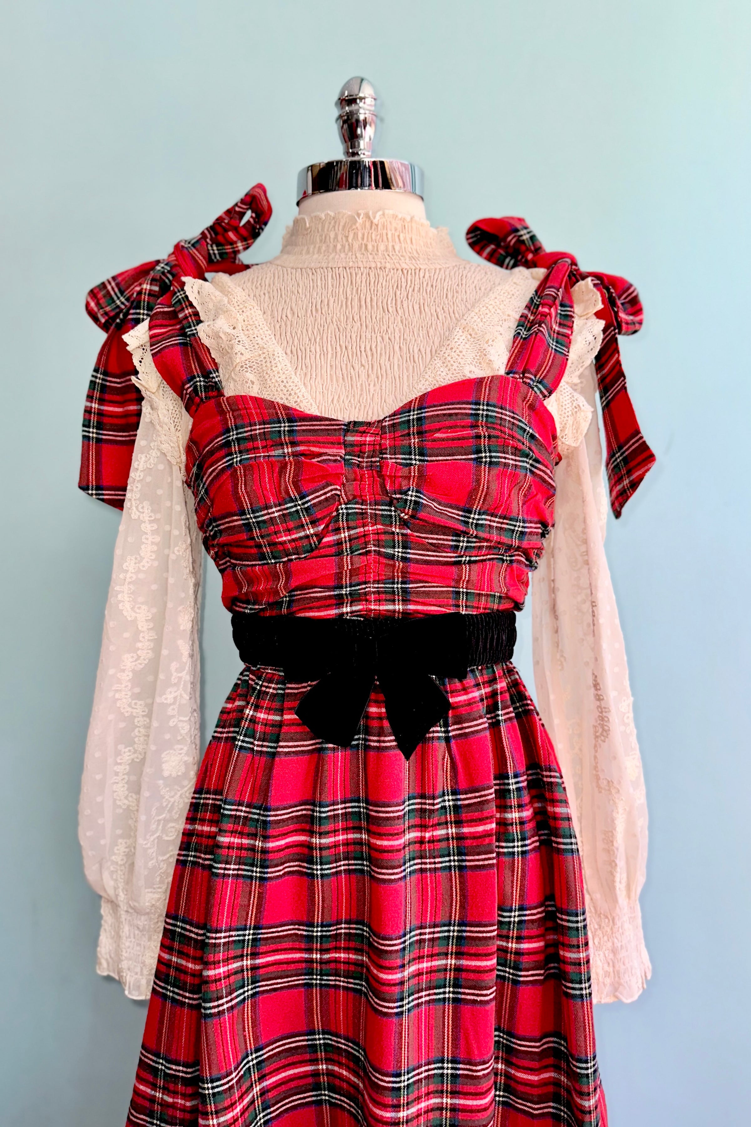 Red Plaid Tie Shoulder Midi Dress Large Red Plaid Tie Shoulder Midi Dress Large