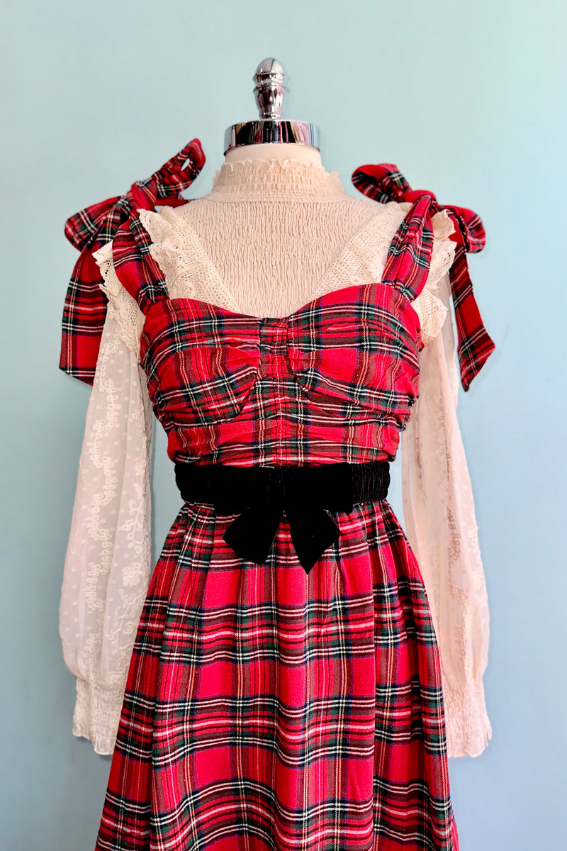 Red Plaid Tie Shoulder Midi Dress Large Red Plaid Tie Shoulder Midi Dress Large