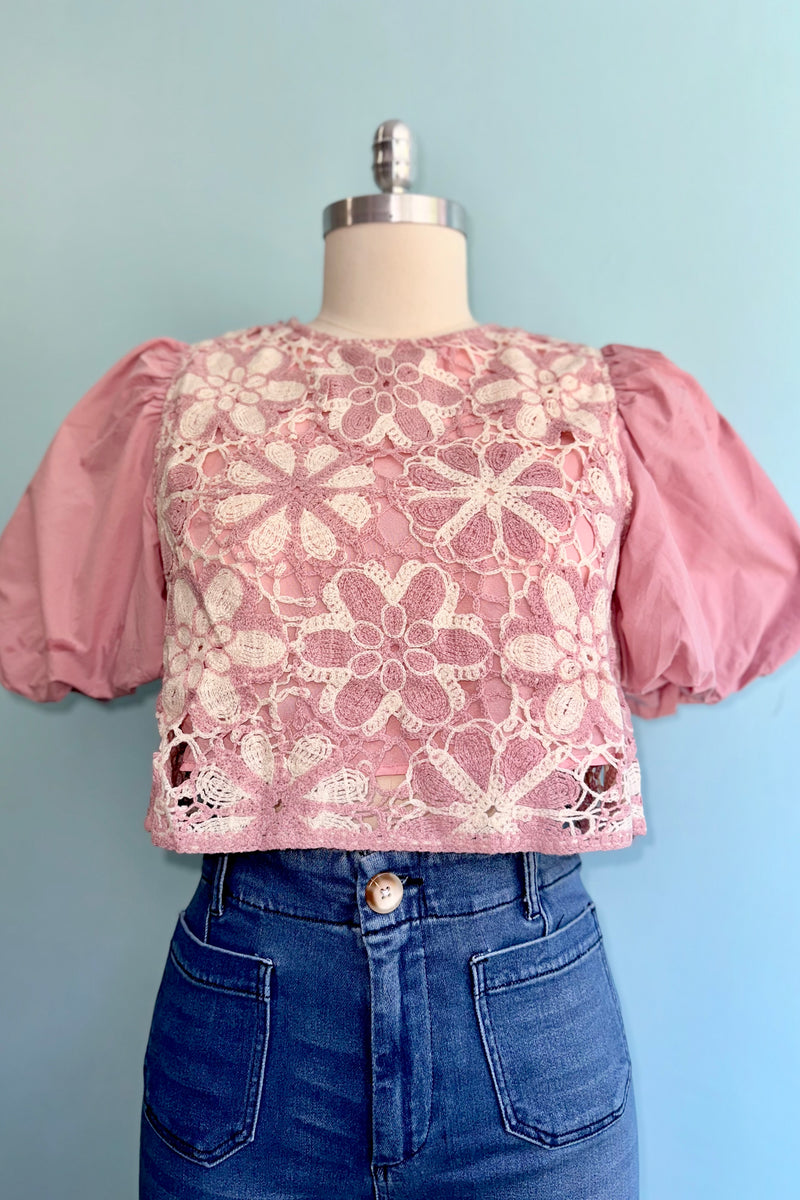 Pink Crocheted Bodice Balloon Sleeve Top