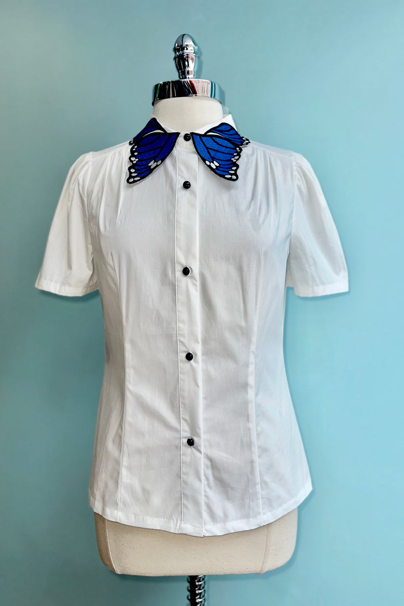 Blue Butterfly Collar Button Down Blouse