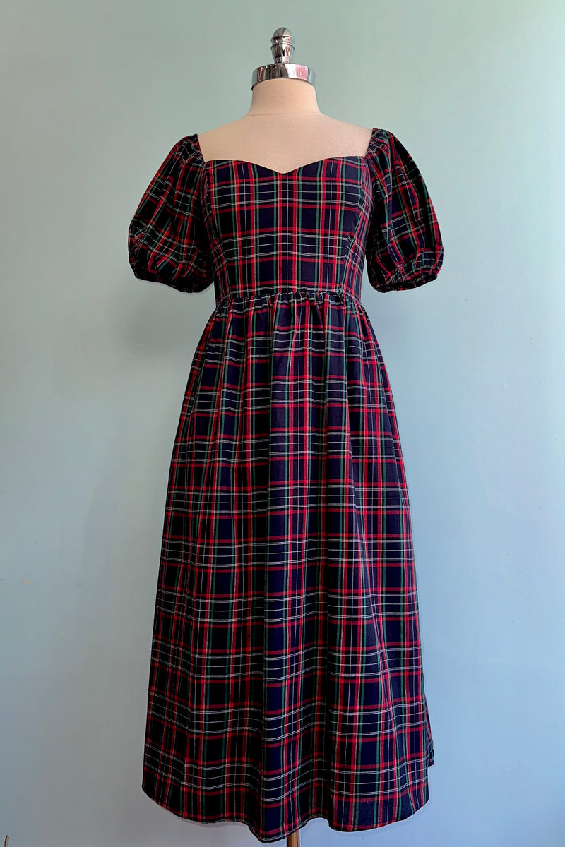 Navy Plaid Alessi Puff Sleeve Midi Dress Modern Millie Navy Plaid Alessi Puff Sleeve Midi Dress Modern Millie