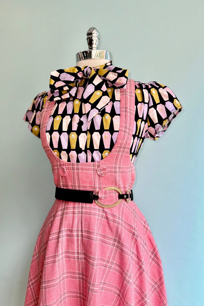 Pink Plaid High Waisted Pinafore Skirt by Voodoo Vixen