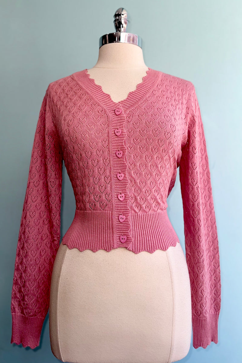 Pink Heart Scalloped Edge Cardigan Sweater by Voodoo Vixen