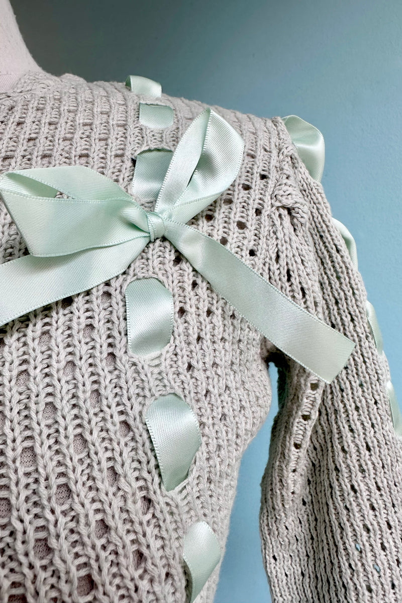 Mint Puff Sleeve Cardigan with Satin Bows