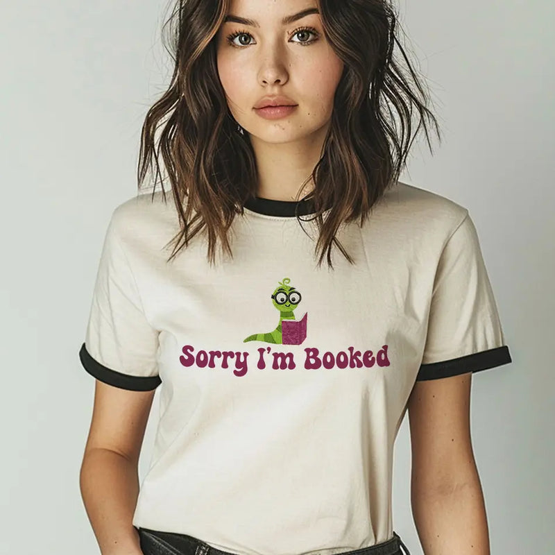Sorry I'm Booked (Worm) Ringer T-Shirt in Off-White