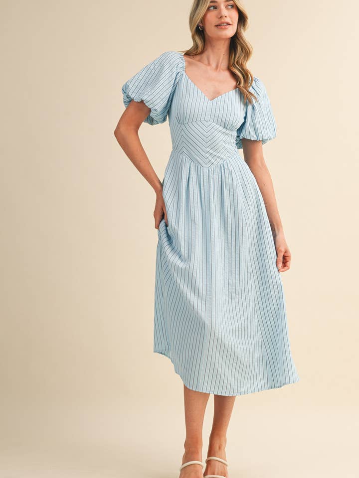 blue pattern midi dress Light Blue Puff Sleeve Tie Back Midi Dress – Modern Millie